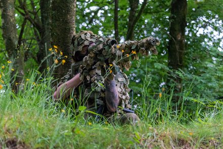 Skarpskytte i bladcamouflage ved foden af et træ mellem gule blomster